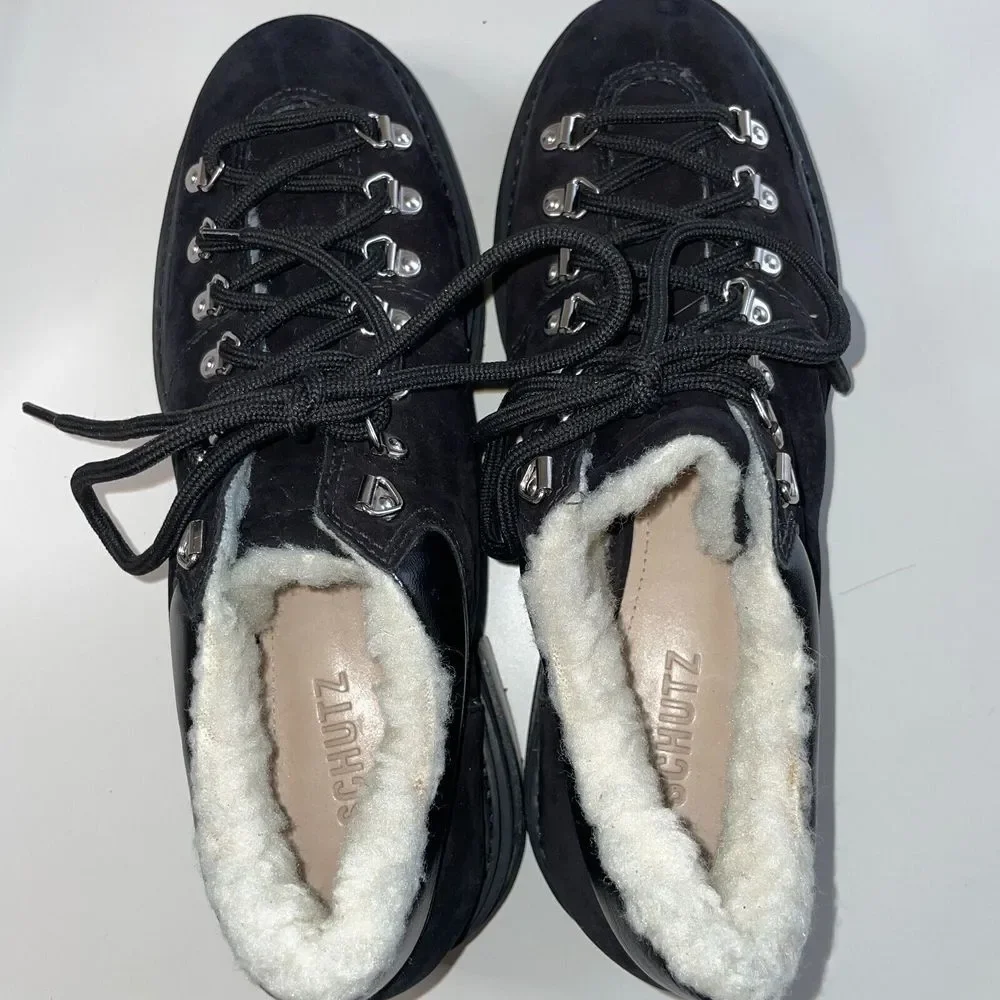 NEW Schutz Lug Boot Faux Shearling Suede Ankle  9.5 Lucille Chunky Black Lace Up